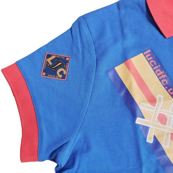Lucid FC Blue Polo Shirt W/ Red Collar & Pocket Zipper Closure 100% Cotton Bold - Picture 5 of 8